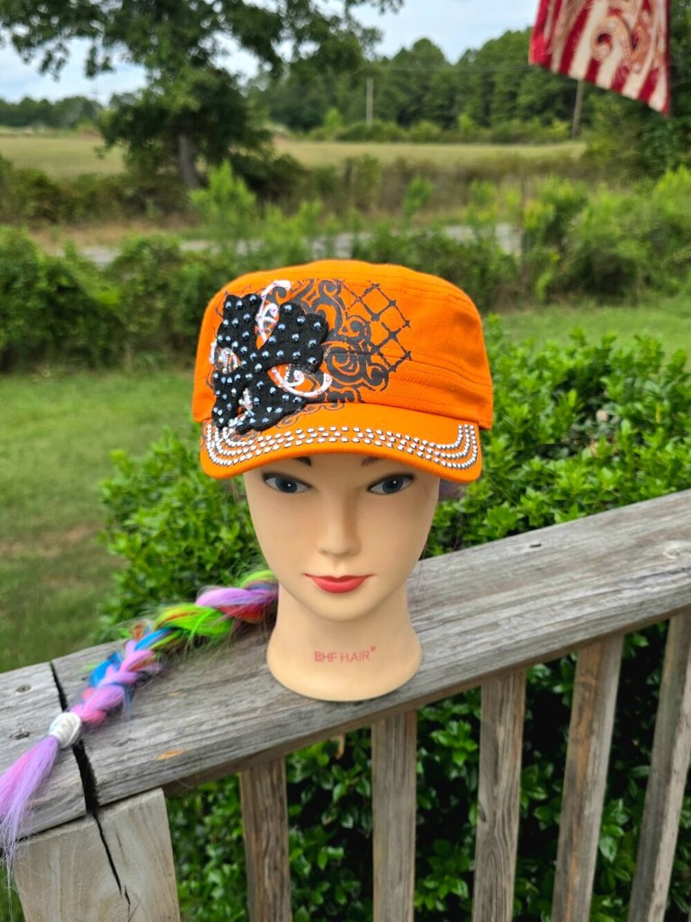 Ladies Orange & Black Cross BLING Hat new no tags